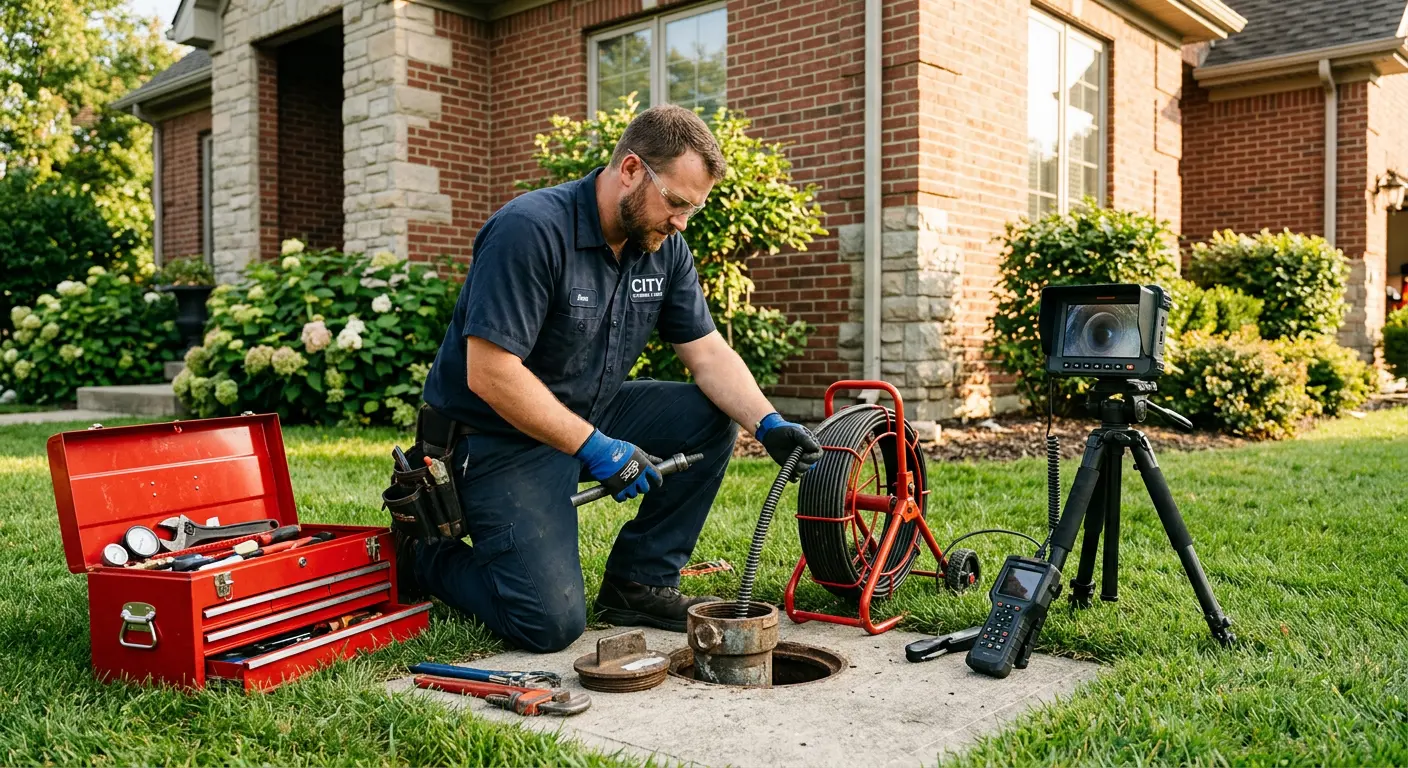 Sewer specialist with camera equipment servicing a cleanout in Troy