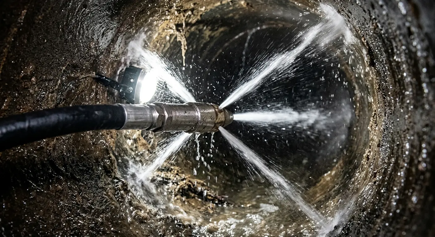 High-pressure hydro jetting nozzle cleaning sewer pipe for Emergency Drain Service in Troy
